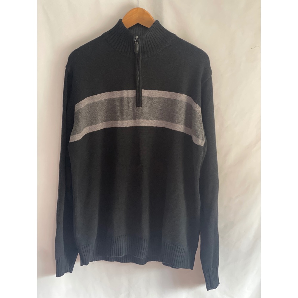 Oscar de la Renta Mens Quarter Zip Sweater Black Grey Striped Cotton Large